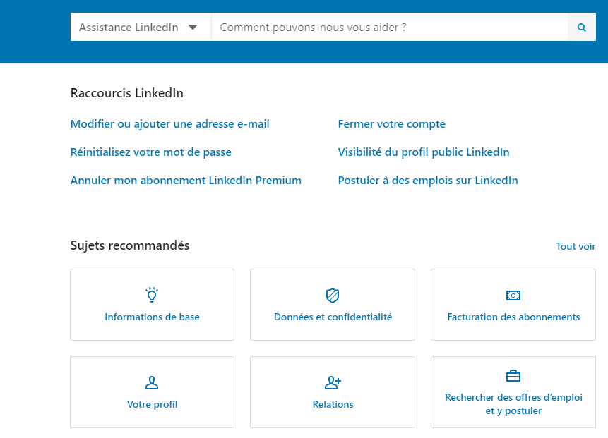 Capture d'écran du centre d'aide LinkedIn — assistance linkedin et support linkedin pour contacter le service client