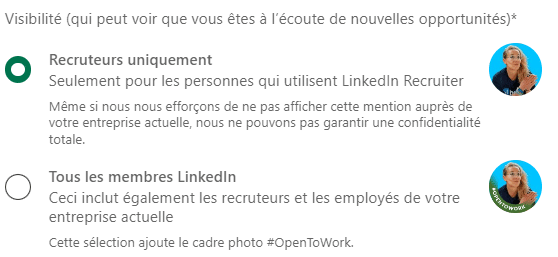 Réglages de visibilité Open to Work LinkedIn
